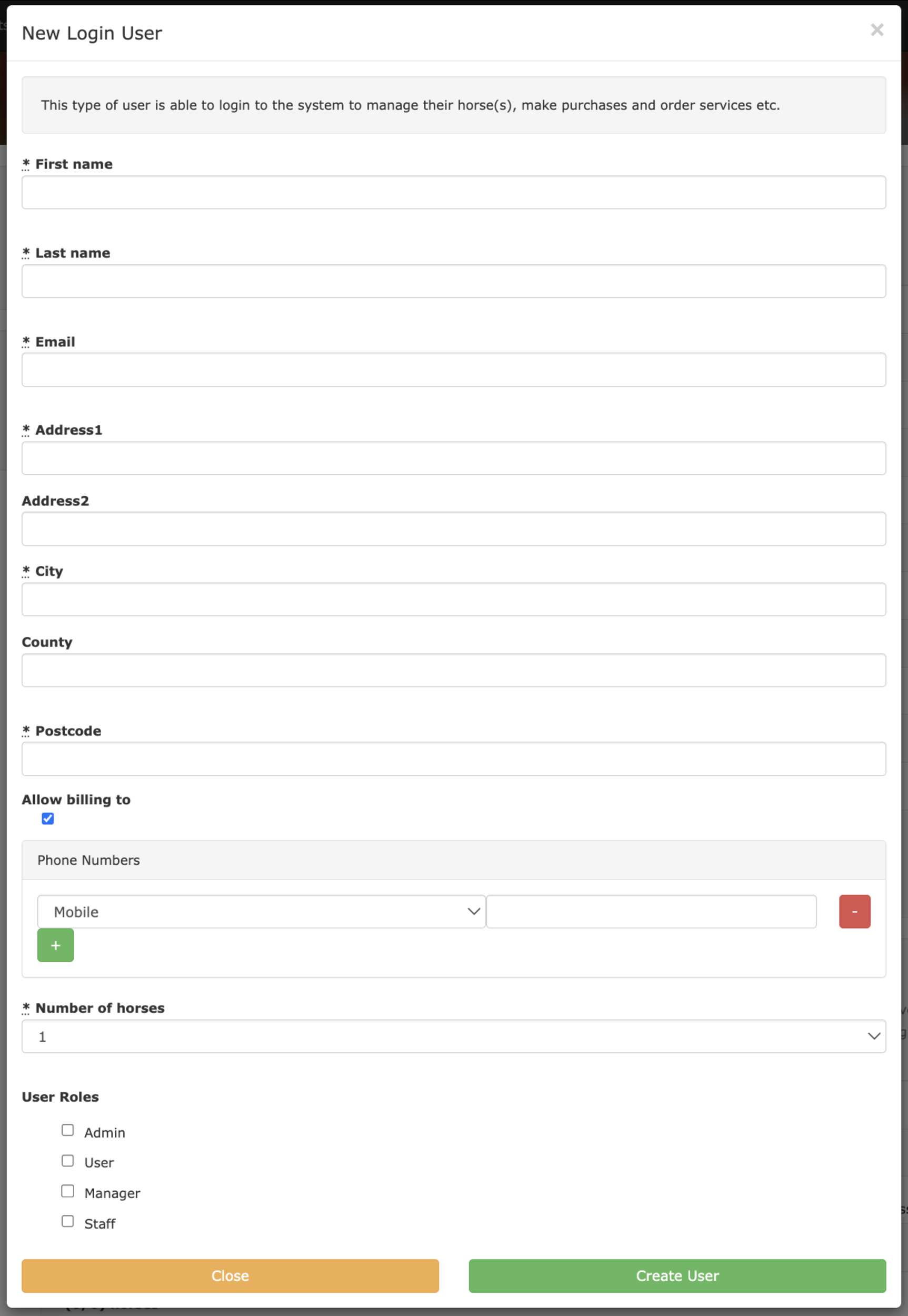 The new user form, opened directly from the Create New User button
